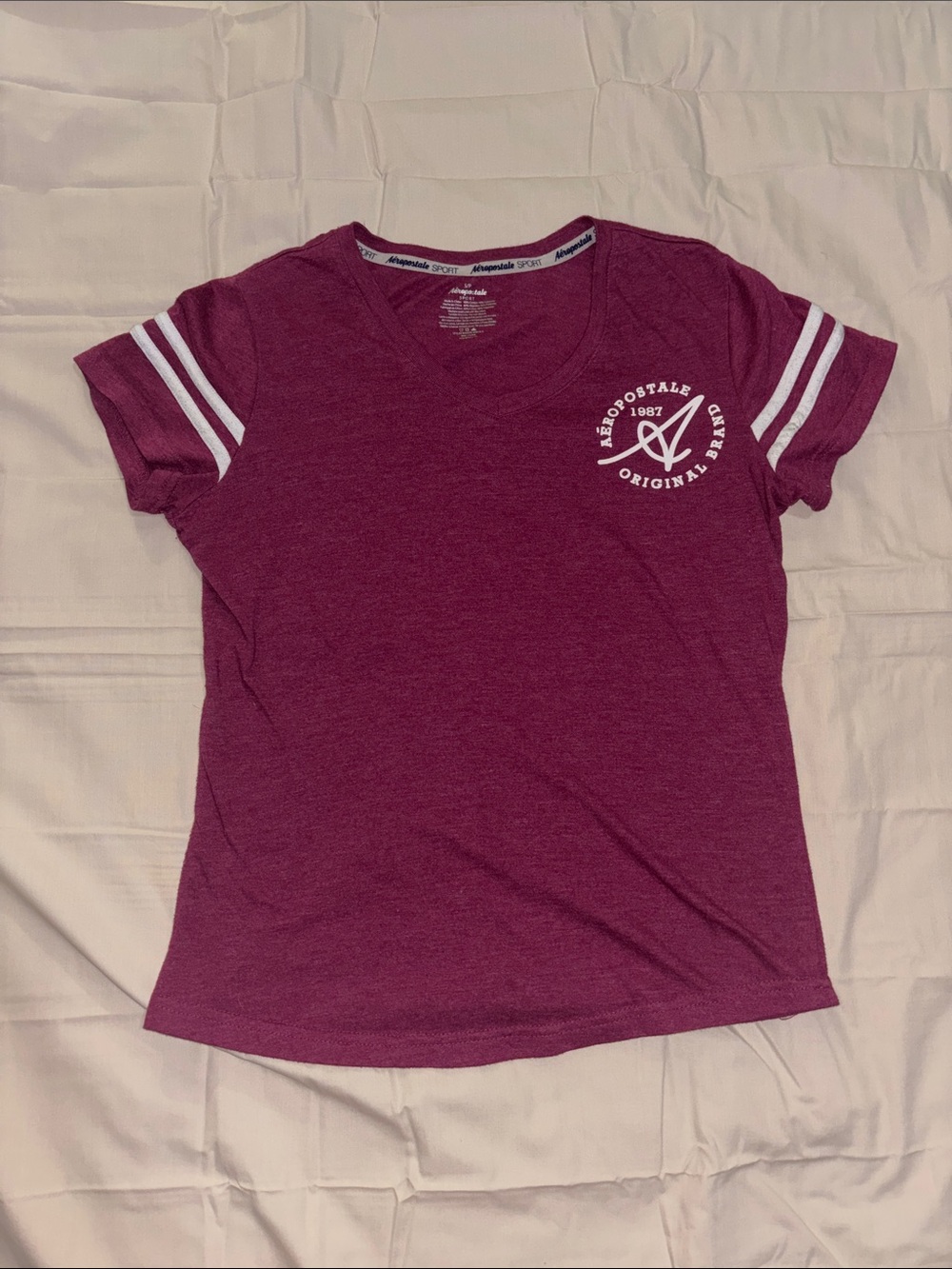 Aeropostale Women's Plum V-Neck Tee with White Sleeve Stripes
